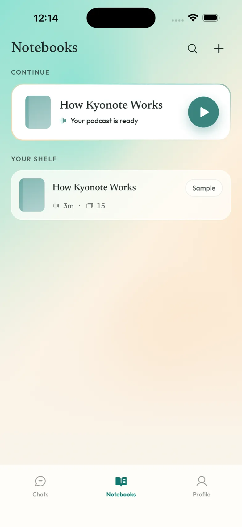 The Kyonote home screen with your notebooks